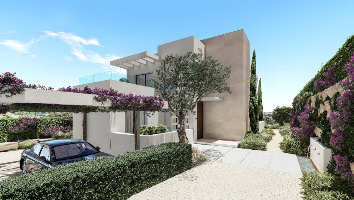 modern-luxury-villas-in-the-heart-of-estepona-golf-render - exterior - fountain - fuente - pergola - paving - pavimiento-min